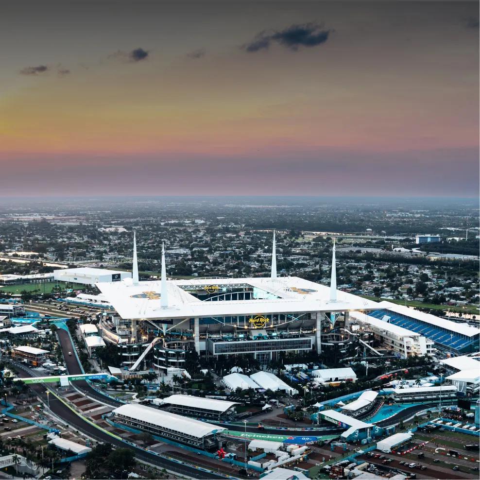 Aerial view of a busy stadium in the middle of a city