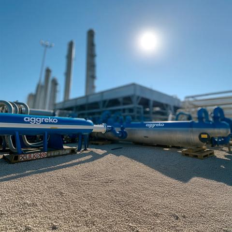 Several large industrial blue and white equipment outdoors.