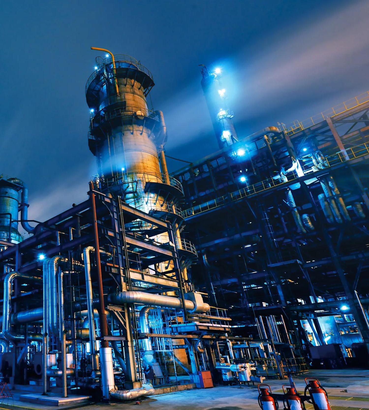 View of a petrochemical and refining plant at night