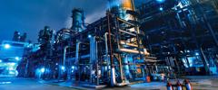 Oil Refinery, Chemical & Petrochemical plant abstract at night.