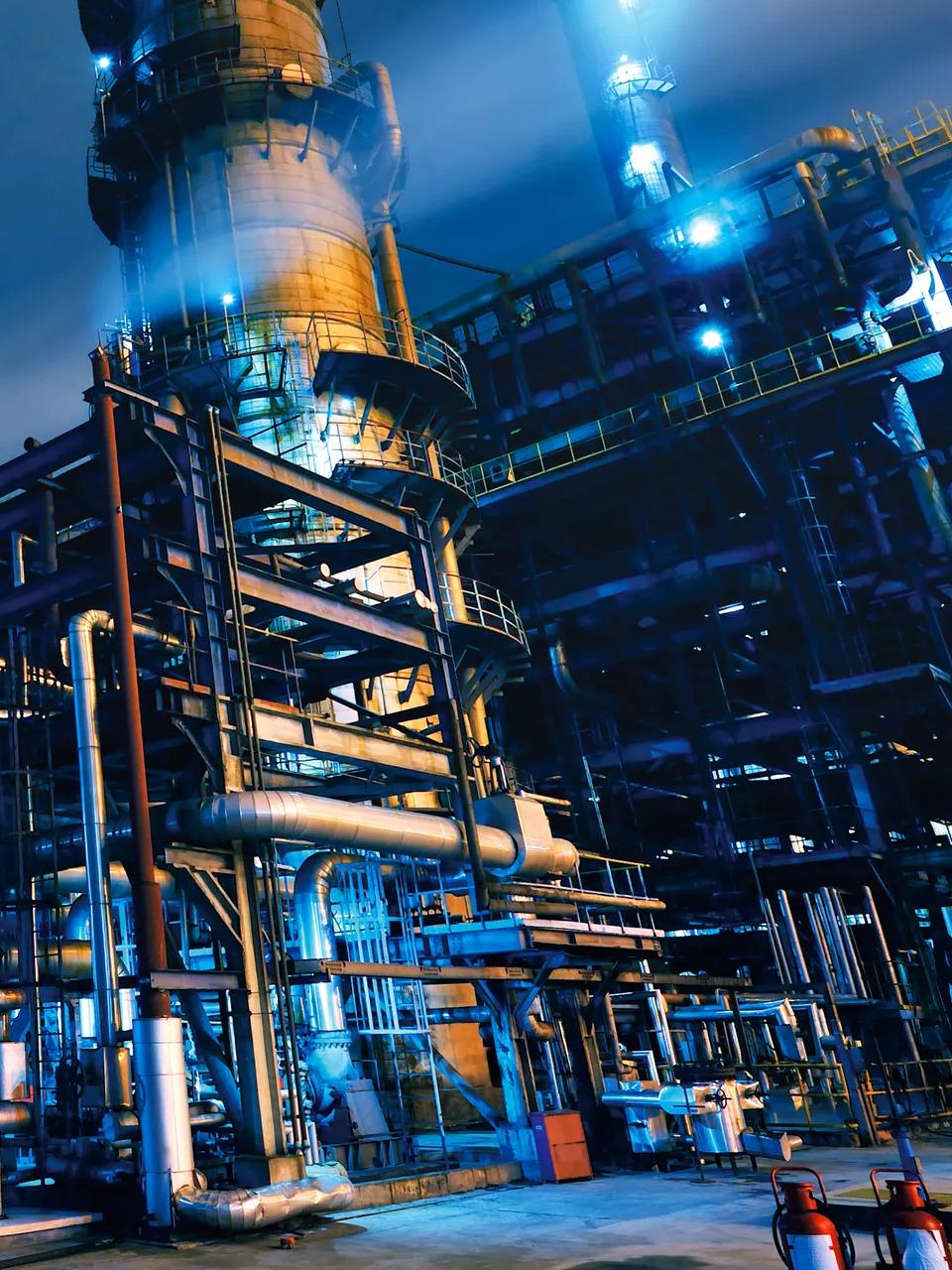 View of a petrochemical and refining plant at night