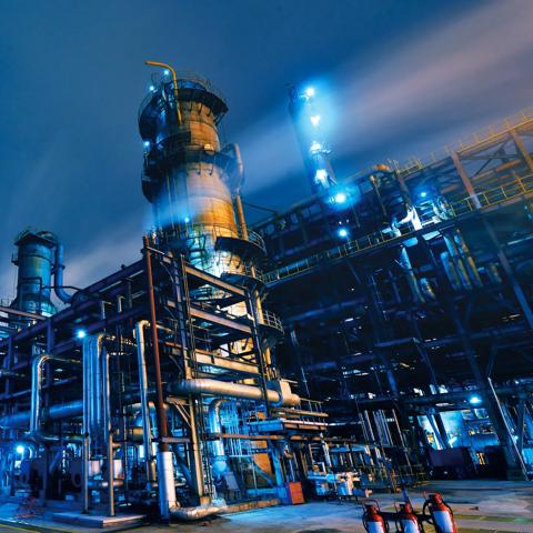 View of a petrochemical and refining plant at night