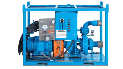 A blue Aggreko industrial pump mounted on a metal frame, featuring a motor, control panel, and a connected hose outlet.