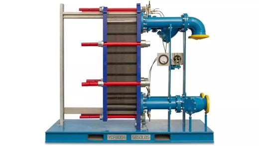 An Aggreko 1000 sq foot blue heat exchanger featuring pipes, a metal frame, and a black panel.