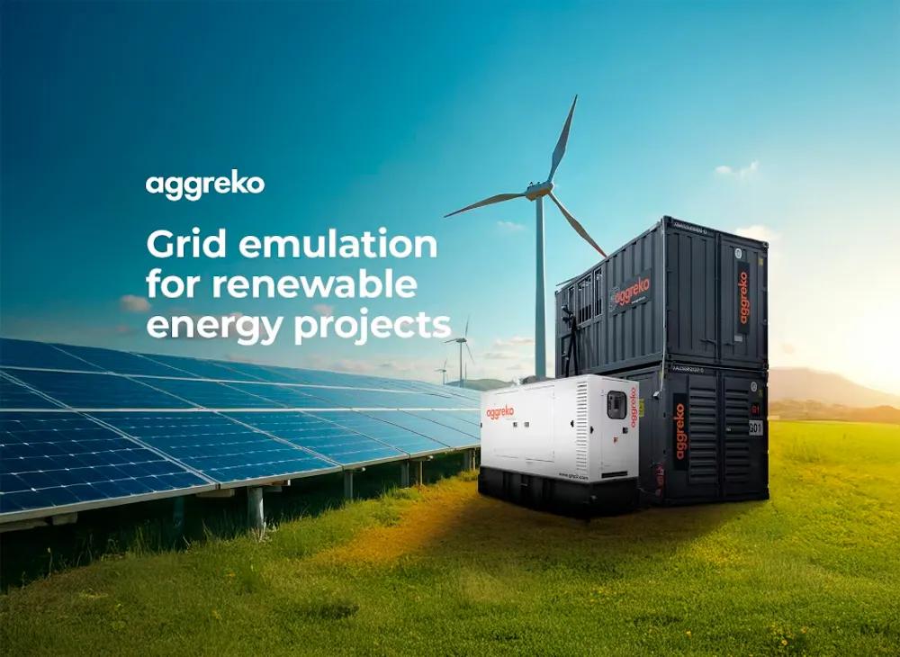 Promotional ad for Grid emulation for renewable energy projects. With Aggreko generators, a wind turbine, and a solar panel on a grass field.