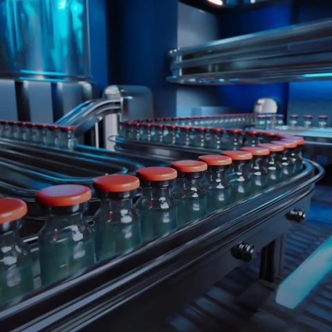 A close-up view of clear glass vials with bright orange caps lined up and moving along a stainless steel roller conveyor belt in a bottling facility.