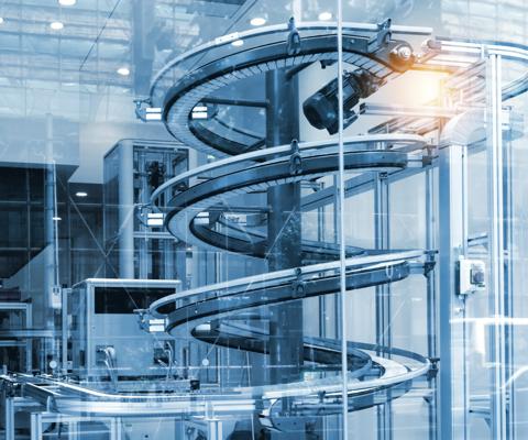 Automated conveyor systems , modular conveyors and industrial automation for package transfer machine in building glass. Blue tone and flare light effect.