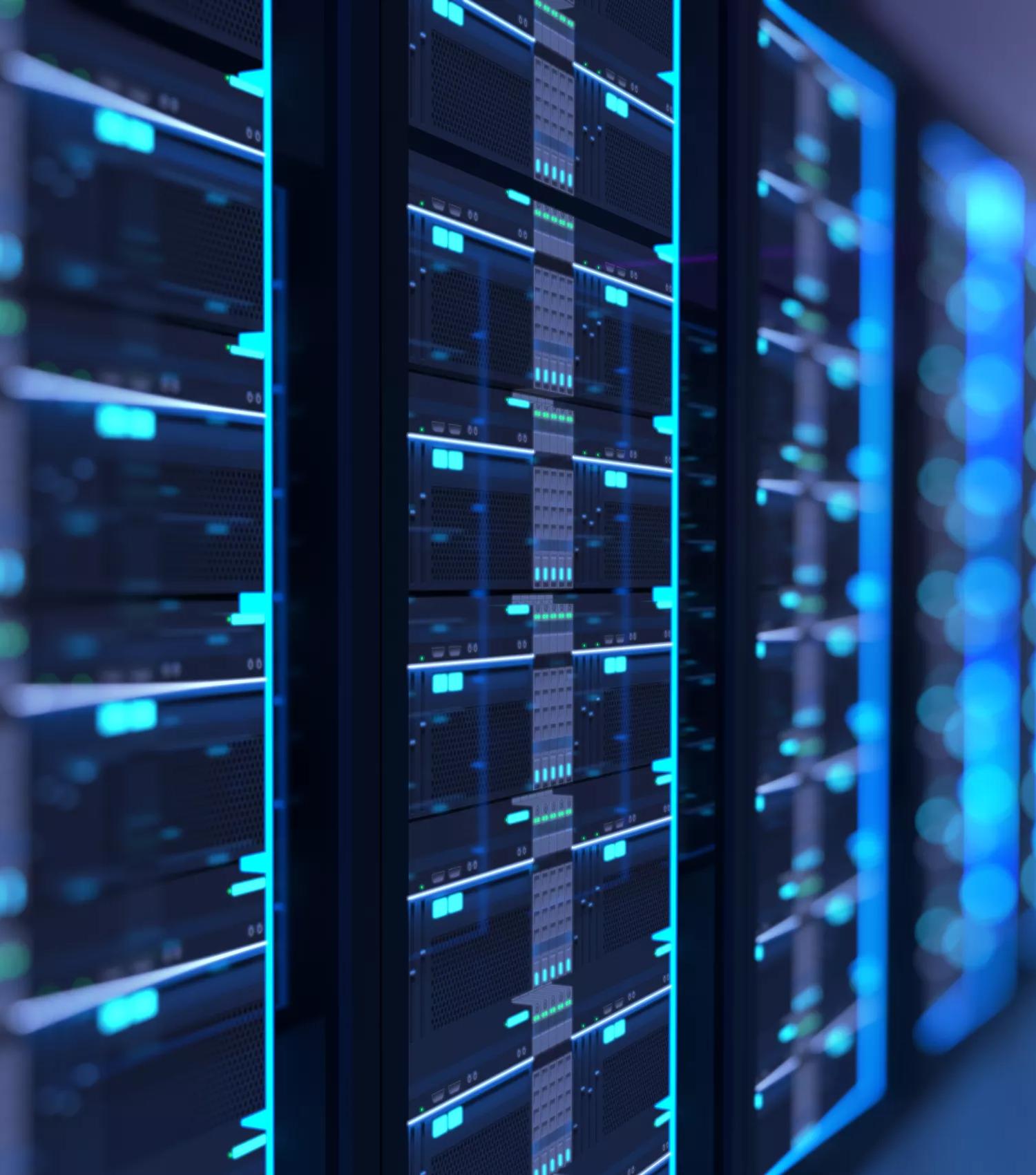 A dark, close-up shot of a server rack with small, glowing blue indicator lights.