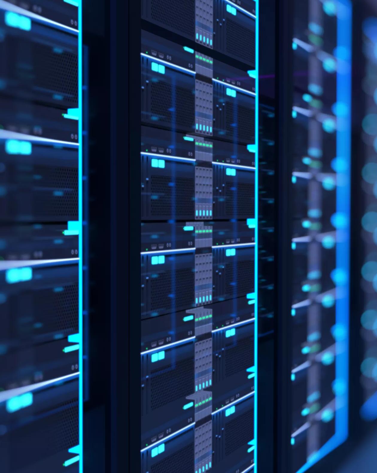 A dark, close-up shot of a server rack with small, glowing blue indicator lights.