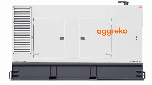 A large white industrial diesel generator with two doors, a vented side, and the logo aggreko prominently displayed.