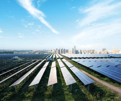 solar panel with cityscape of los angeles in cloud sky