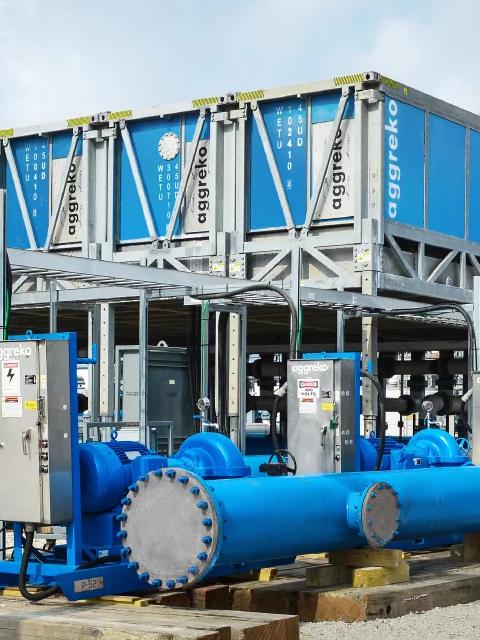 Industrial cooling equipment with pipes and modular units.