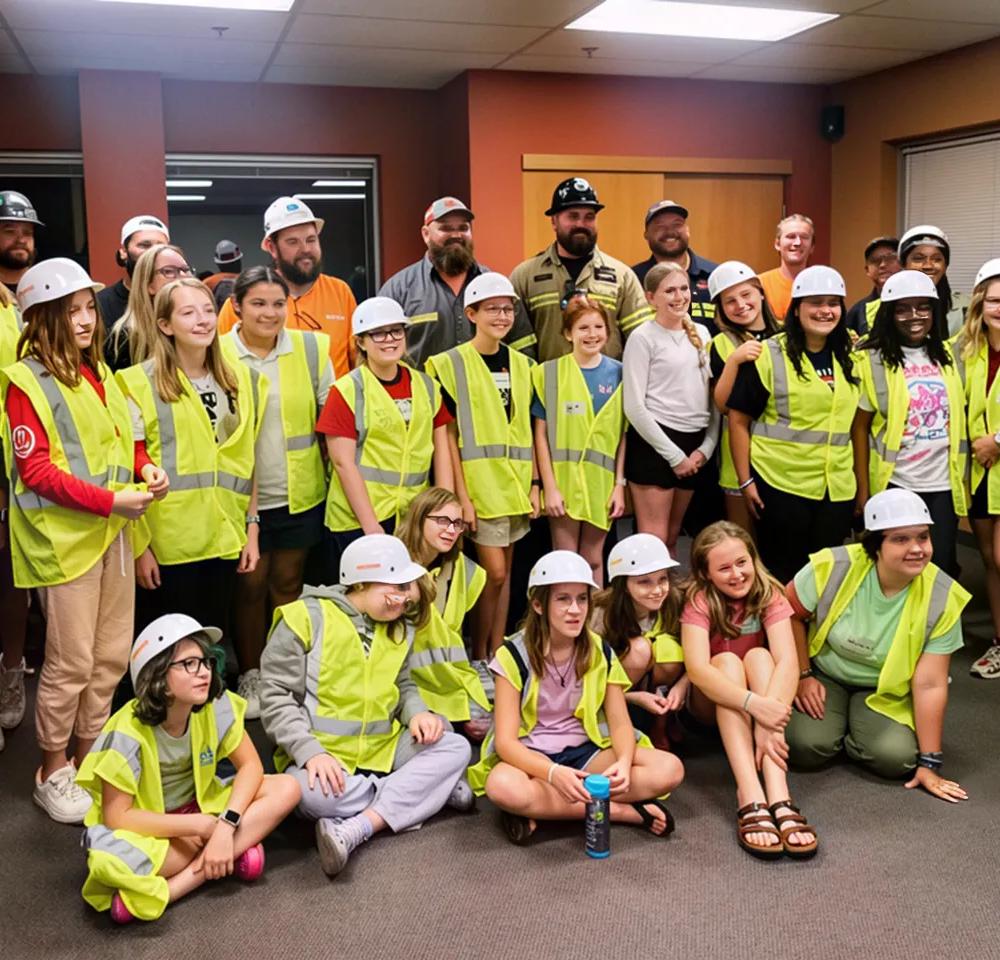 A large group of people, including many young female students and several adults, are posing for a photo indoors. Most of the group is wearing matching neon yellow safety vests and white hard hats. Several of the adults are dressed in work uniforms or industrial attire. 