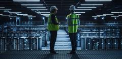 Data Center IT Specialist and System administrator Talk, Use Tablet Computer, Wearing Safety West. Server Cloud Farm Facility with Two Information Technology Engineers checking Cyber Security.