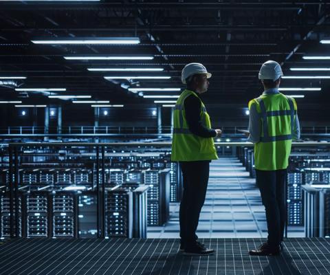 Data Center IT Specialist and System administrator Talk, Use Tablet Computer, Wearing Safety West. Server Cloud Farm Facility with Two Information Technology Engineers checking Cyber Security.