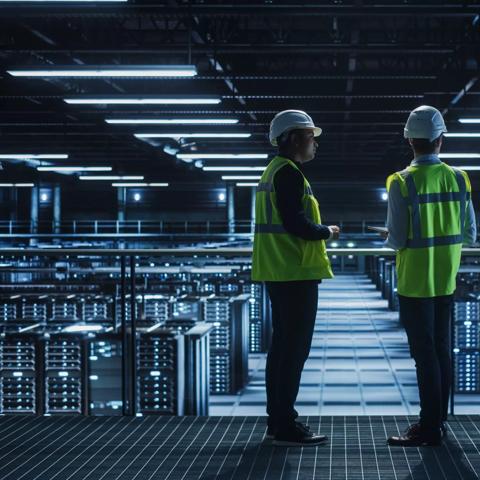 Data Center IT Specialist and System administrator Talk, Use Tablet Computer, Wearing Safety West. Server Cloud Farm Facility with Two Information Technology Engineers checking Cyber Security.