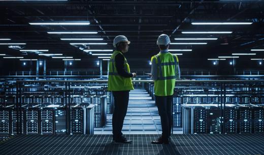 Data Center IT Specialist and System administrator Talk, Use Tablet Computer, Wearing Safety West. Server Cloud Farm Facility with Two Information Technology Engineers checking Cyber Security.