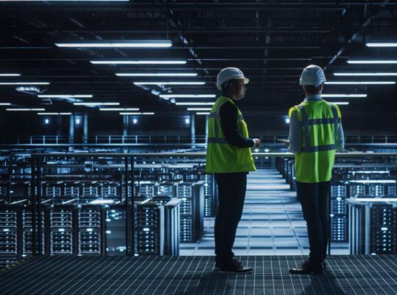 Data Center IT Specialist and System administrator Talk, Use Tablet Computer, Wearing Safety West. Server Cloud Farm Facility with Two Information Technology Engineers checking Cyber Security.