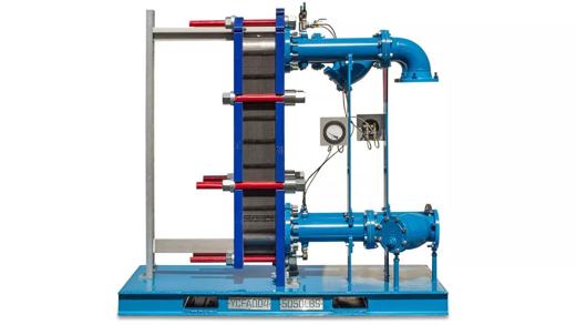 A blue industrial setup featuring pipes, a control panel, and a frame, designed for fluid transfer and management.