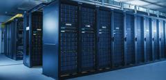 Shot of Modern Data Center With Multiple Rows of Operational Server Racks. Modern High-Tech Database Super Computer Clean Room.