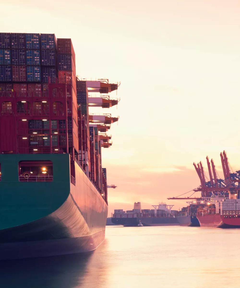 View of the back of a cargo ship.