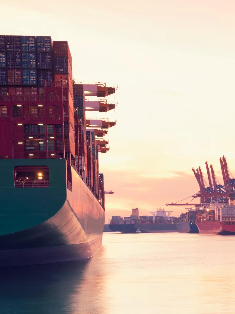 View of the back of a cargo ship.