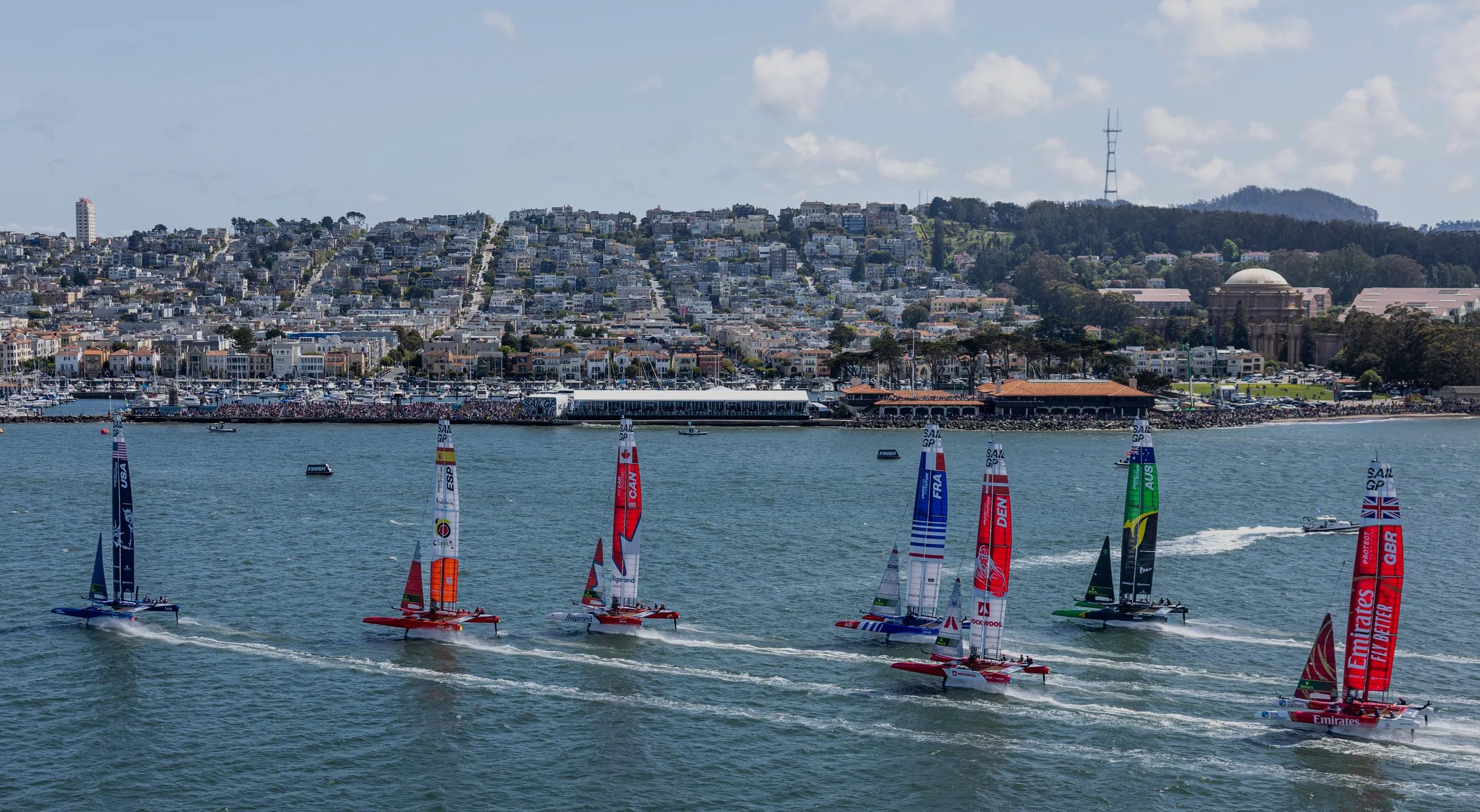 The fleet in action on Race Day 2 of the Mubadala SailGP Season 3 Grand Final in San Francisco, USA. Sunday 7th May 2023. Photo: Simon Bruty for SailGP. Handout image supplied by SailGP