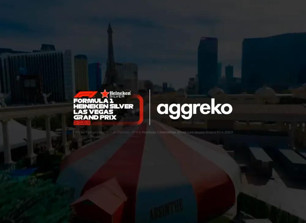 Promotional ad for Las Vegas F1 Grand Prix with the Las Vegas skyline in the background.