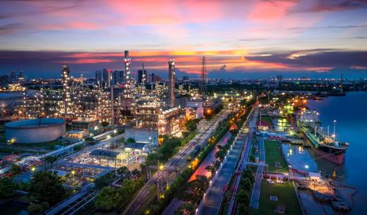 Aerial view of Oil and gas industry - refinery, Shot from drone of Oil refinery and Petrochemical plant  at twilight, Bangkok, Thailand