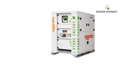 A white Aggreko battery energy storage container by Aggreko, featuring a control panel and greener upgrades.