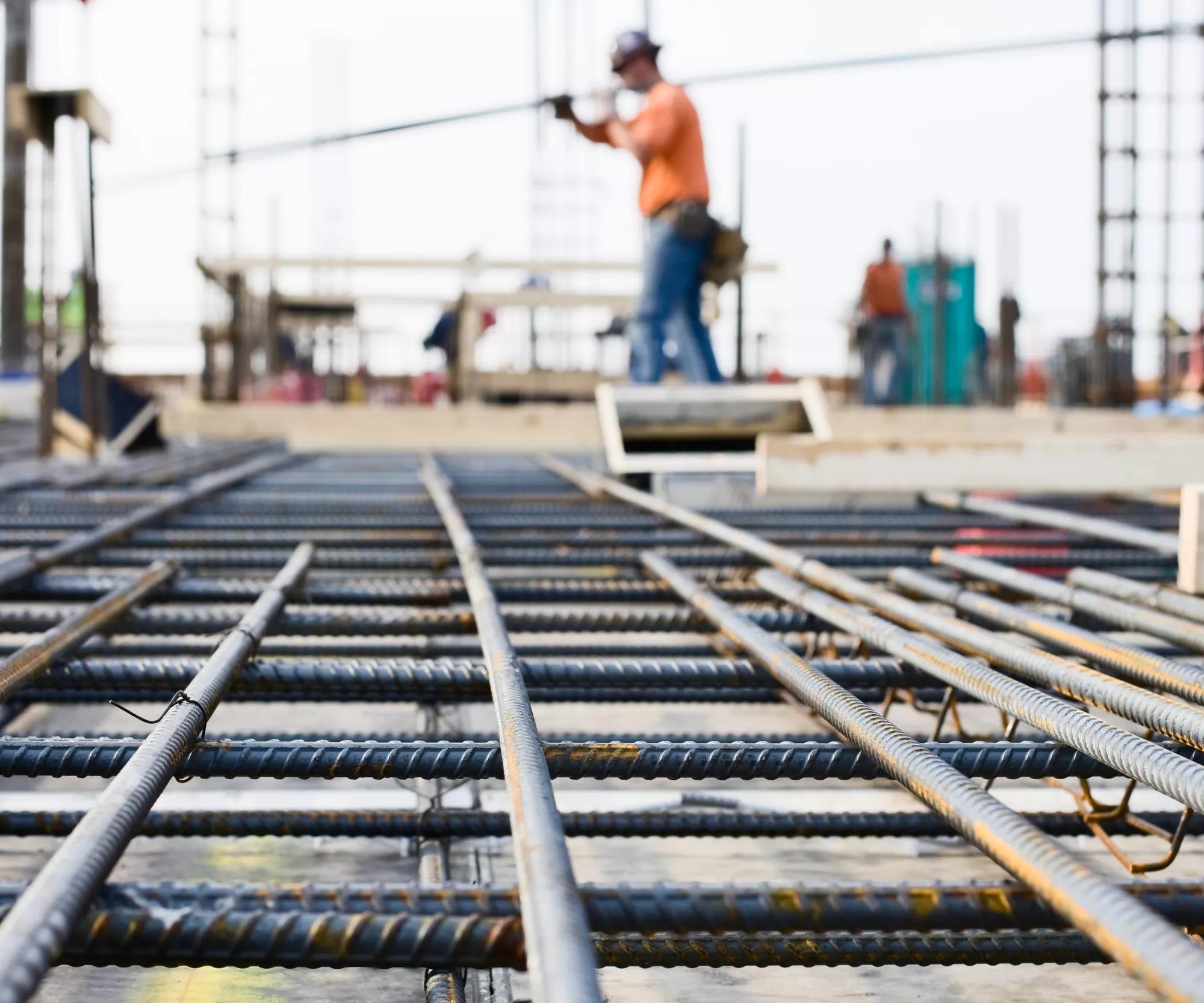 Closeup of steel reinforcement at a construction site.