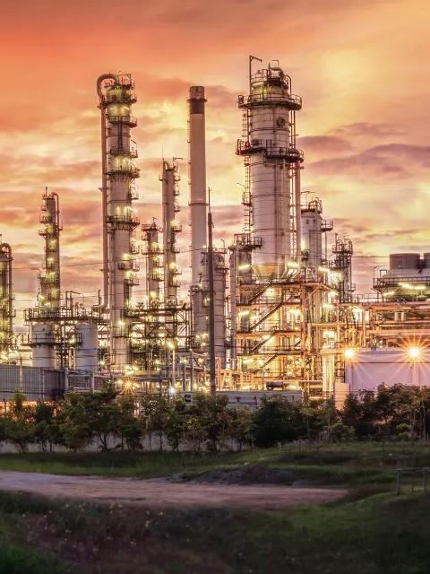 View of a petrochemical plant at the end of a dirt road against a cloudy sunset sky