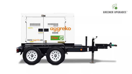 A 60kw diesel generator on a trailer, branded Aggreko, featuring dual wheels and a green Greener Upgrades logo.