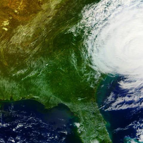 Satellite image showing a green landscape on the left and swirling clouds over the ocean on the right, depicting a storm.