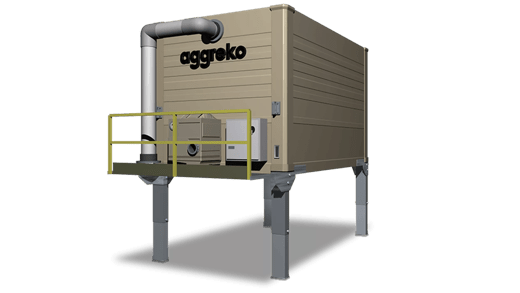A brown cooling tower on elevated legs, featuring a silver pipe and a yellow guardrail, labeled "Aggreko.