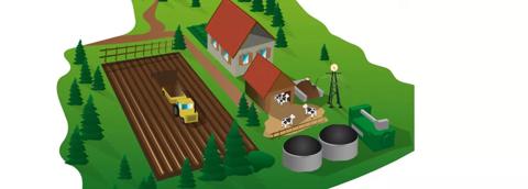 A colorful farm scene featuring a house, barn, cows, a field, a tractor, and storage tanks, surrounded by trees and a path.