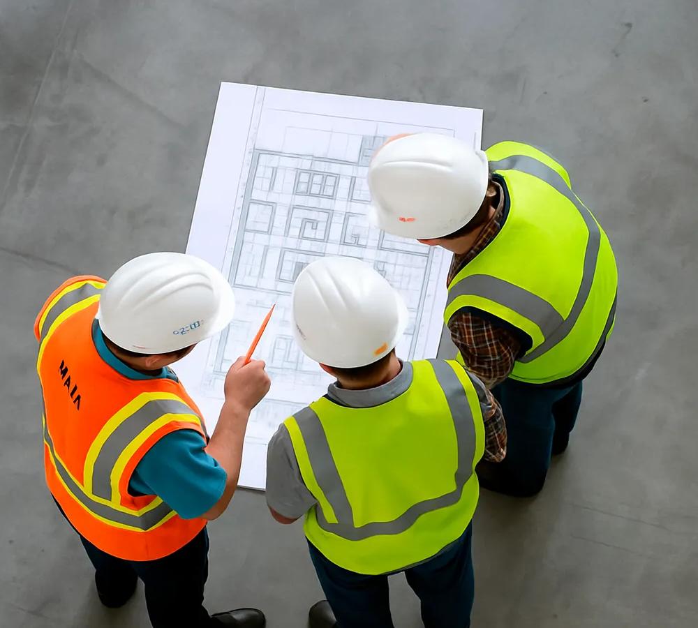 Multiple hard hats of different colors set against the wall.