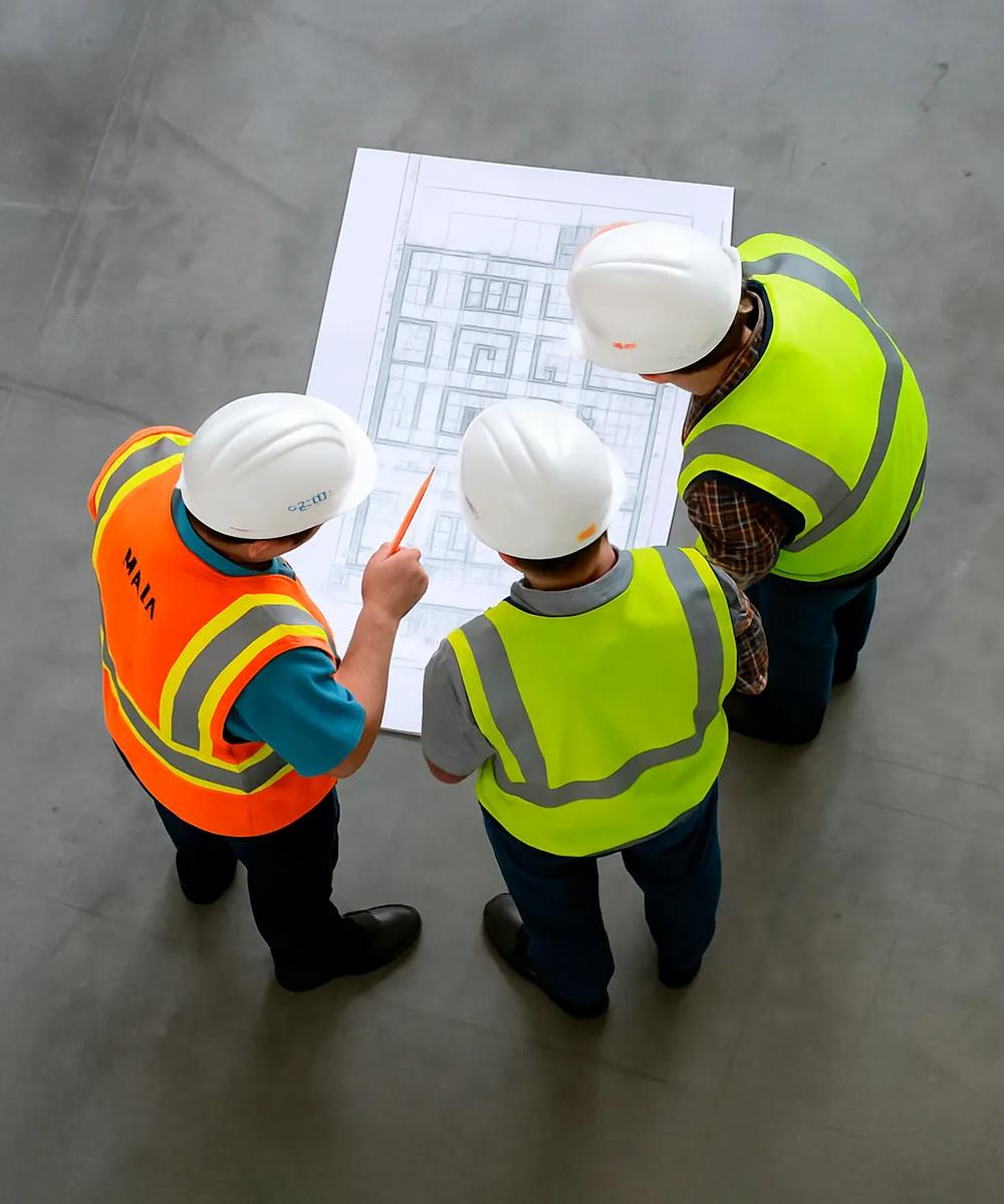 Vue aérienne de 3 ouvriers en uniforme regardant des plans.  
