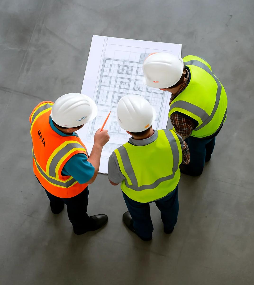 Aerial view of 3 workers in uniform looking at blueprints.  