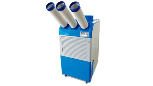 A portable air conditioning unit with three air tubes, featuring a blue and white design, on wheels for easy mobility.