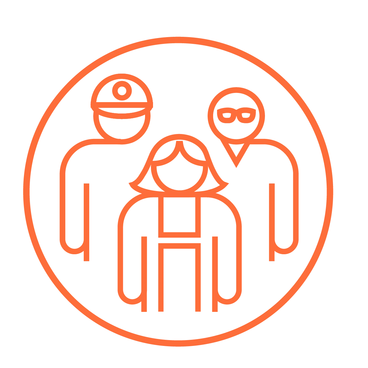 Orange icon of 3 workers in uniform.