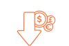 Icon of an arrow pointing downwards with three coins, a dollar, a pound an an euro
