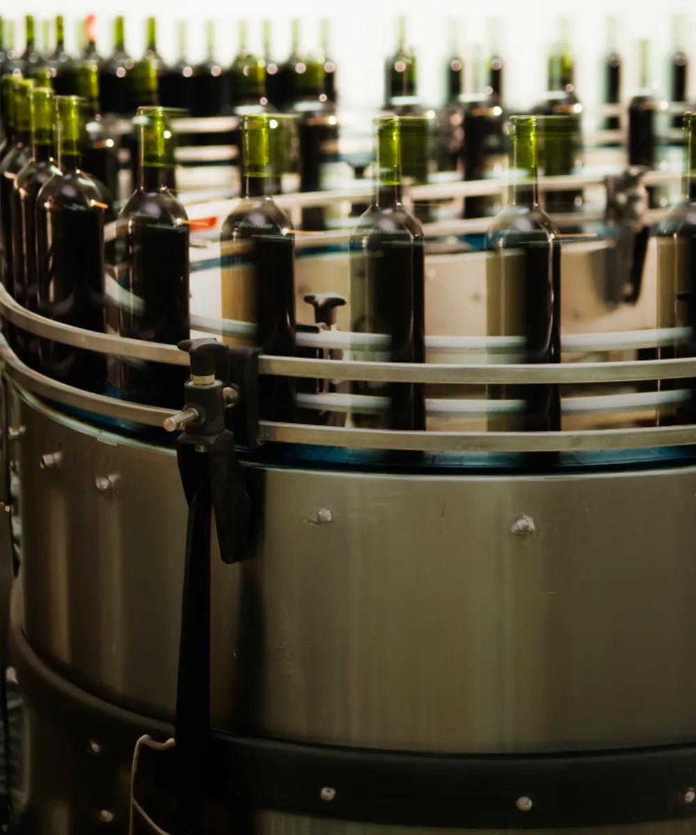 A close-up, dynamic shot of a conveyor belt line showing a grid of dark green bottles moving through a filling or processing station in a factory.