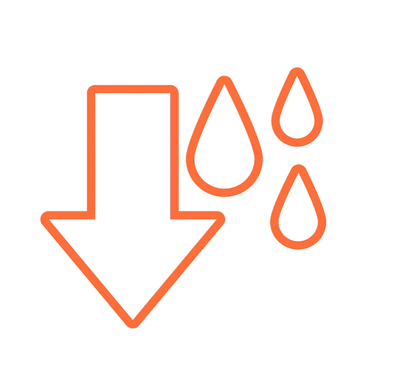 Icon of a large arrow pointing down, with three water droplets beside it.