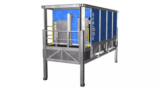 Cooling tower unit with a blue cover and metal framework, featuring a cylindrical component and an access platform.