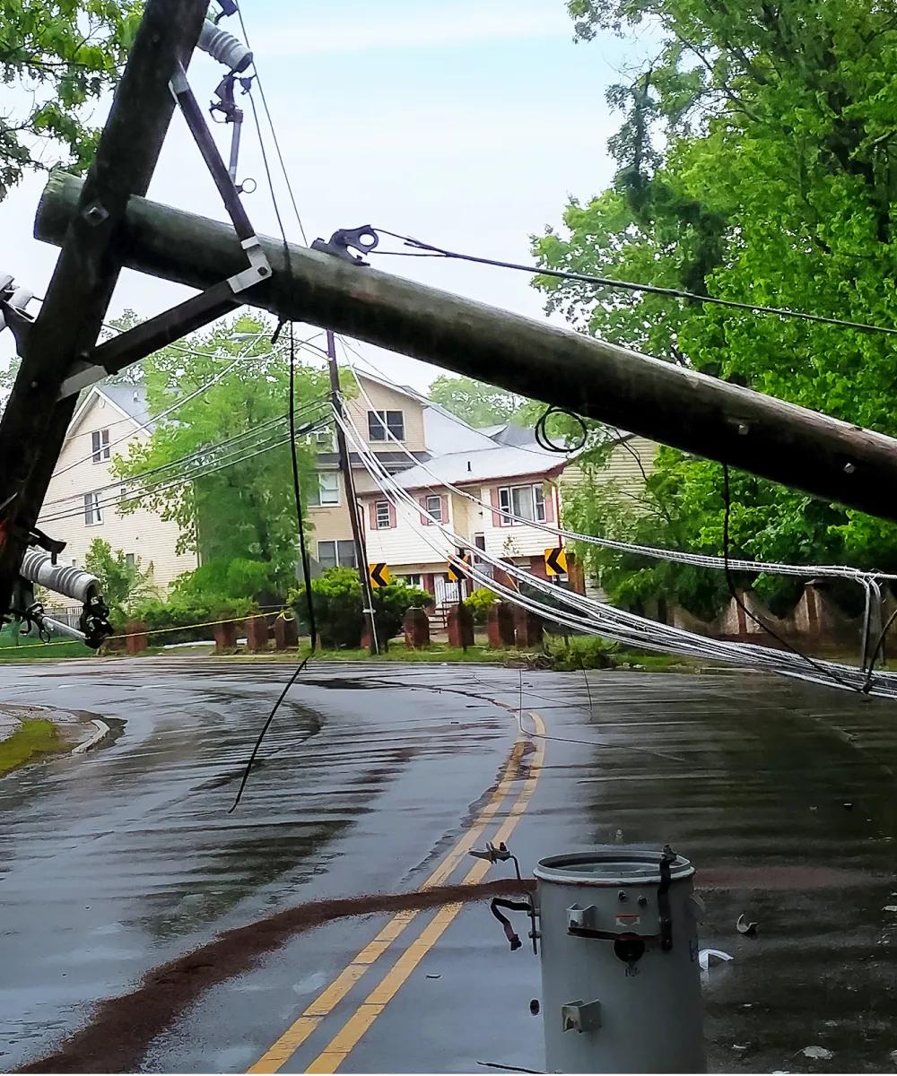 A downed utility pole with wires on a wet road, surrounded by greenery and a house in the background.