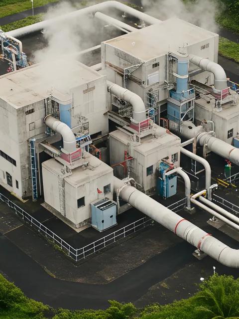 An aerial of a power facility with white structures and extensive white piping, emitting steam into the air. The plant is surrounded by dense, green tropical foliage.