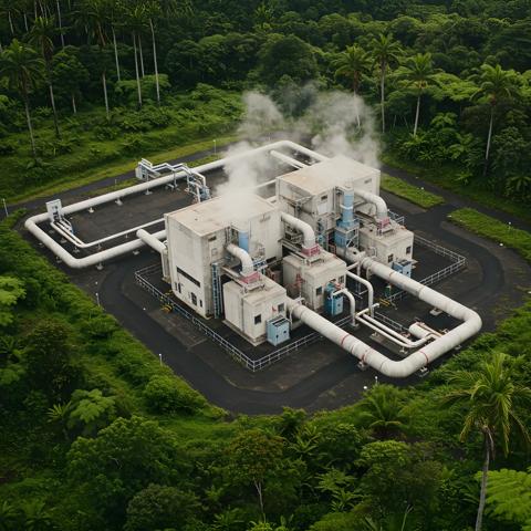 An aerial of a power facility with white structures and extensive white piping, emitting steam into the air. The plant is surrounded by dense, green tropical foliage.