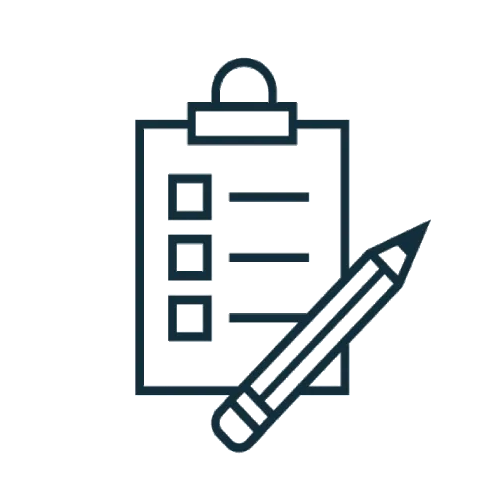 Icon of a clipboard with a check list and a pencil.