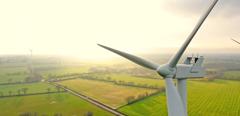 Aerial photo of wind turbines at sunset in Sainte Pazanne, France